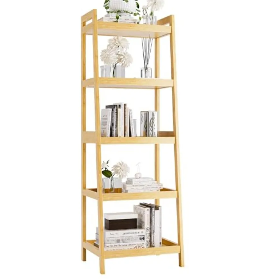 

Bookshelf 5 Tier Ladder Bookcase with Bamboo Frame Freestanding Tall Narrow Display Plant Shelf for Living Room Kitchen Bedroom
