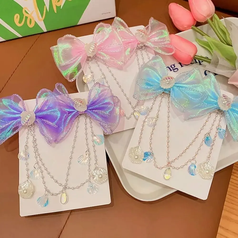 Fashion Fringe Mermaid Princess Forehead Chain Bow Ear Hook Baby Head Wear Pearl Shell Children