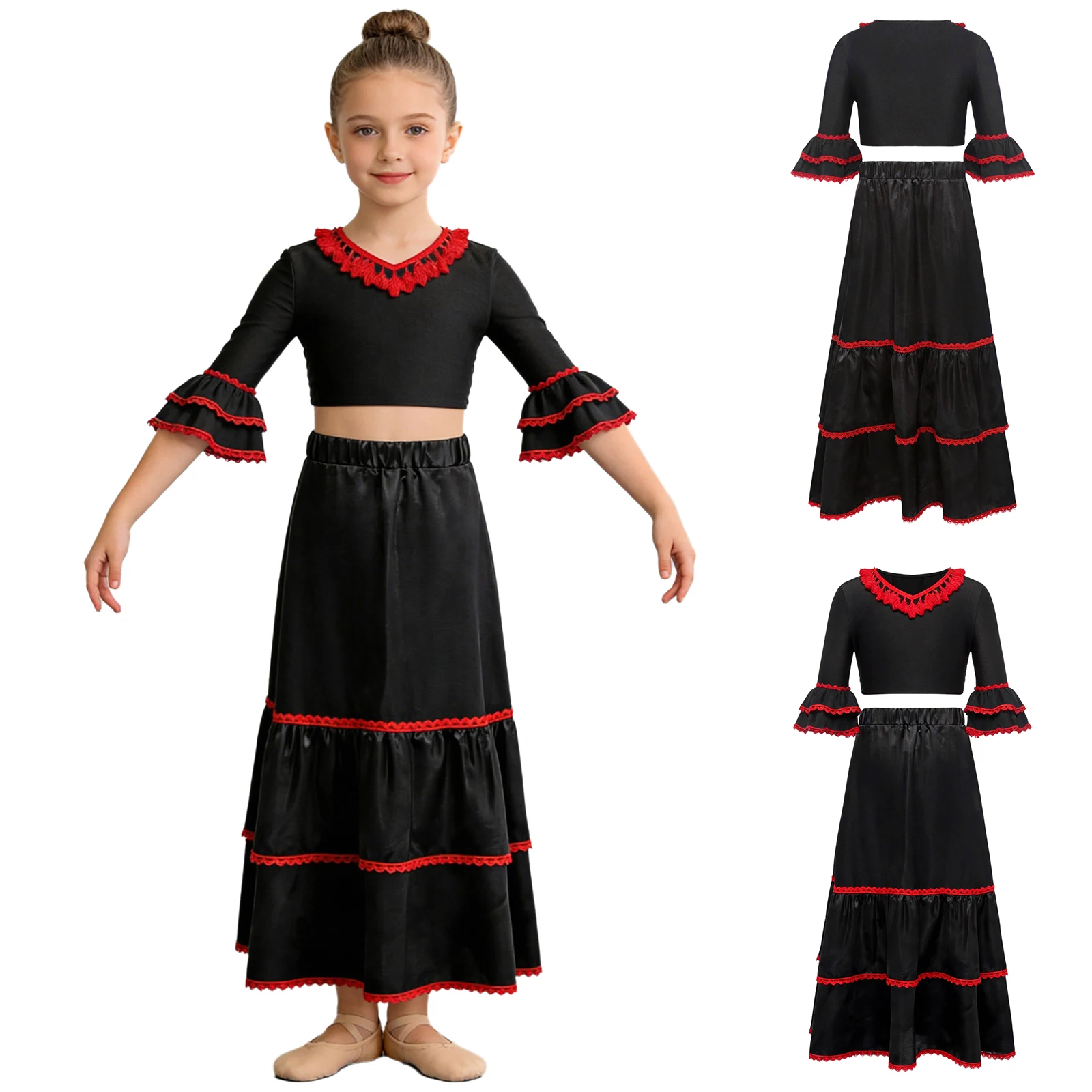 Conjuntos de Danza Flamenca Española de Dos Piezas para Niñas, Top Corto de Media Manga con Falda de Satén con Volantes para Danza Española