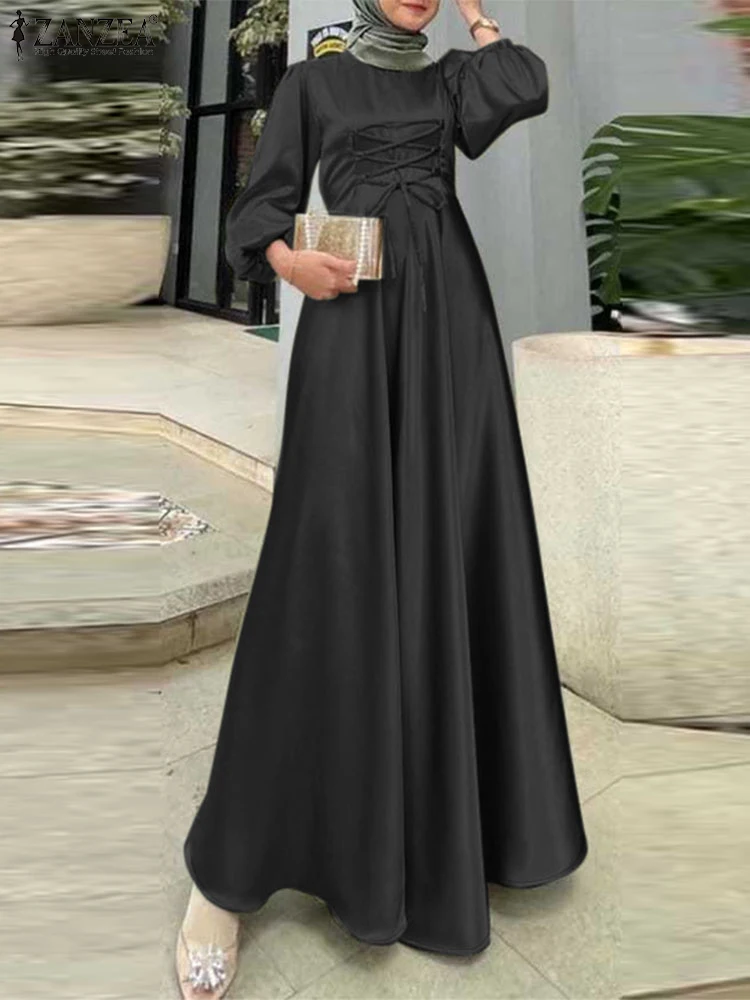 ZANZEA-Robe musulmane élégante à manches longues lanterne pour femmes, Abaya monochrome, Robe d'été décontractée, Robe en satin à lacets, Mode éducative, Automne, 2024