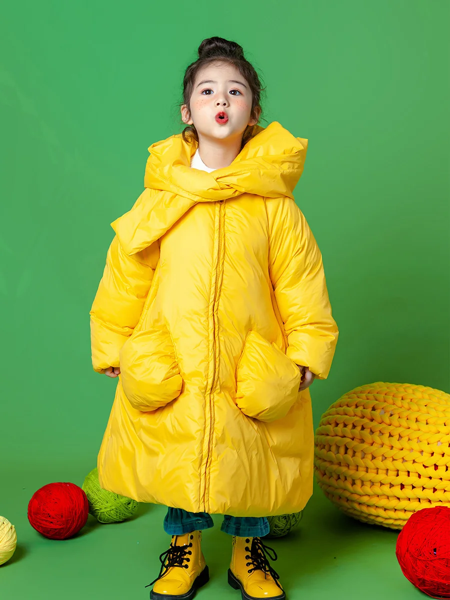 

90% White Duck Down Thick Long Parka 2022 Winter Baby Girl Clothes Solid Yellow Red Full Sleeve Fashion Jackets Korea Style Coat