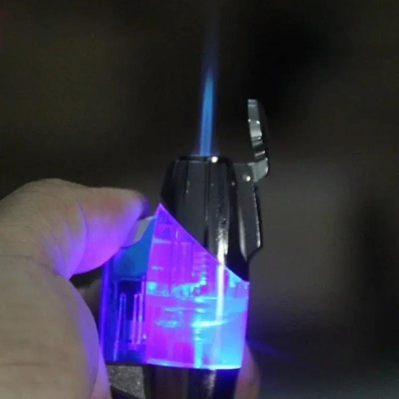 

Outdoor Windproof Butane Gas Lighter Transparent Body Blue Jet Flame Turbo Torch Portable Cigar Lighter Personalized Men's Gift