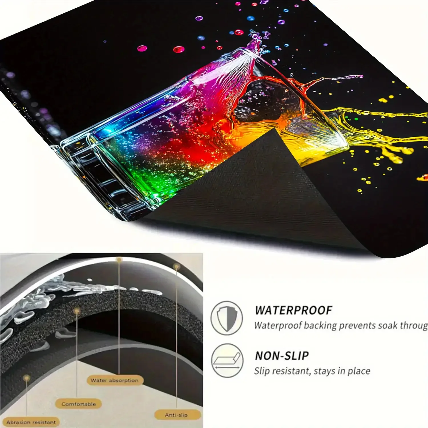 Vibrant Rainbow Liquid Splash Glass Cup Black Stove Top Cover, Non‑Slip Heat Resistant Mat, Easy Clean Decor Electric Gas Stove