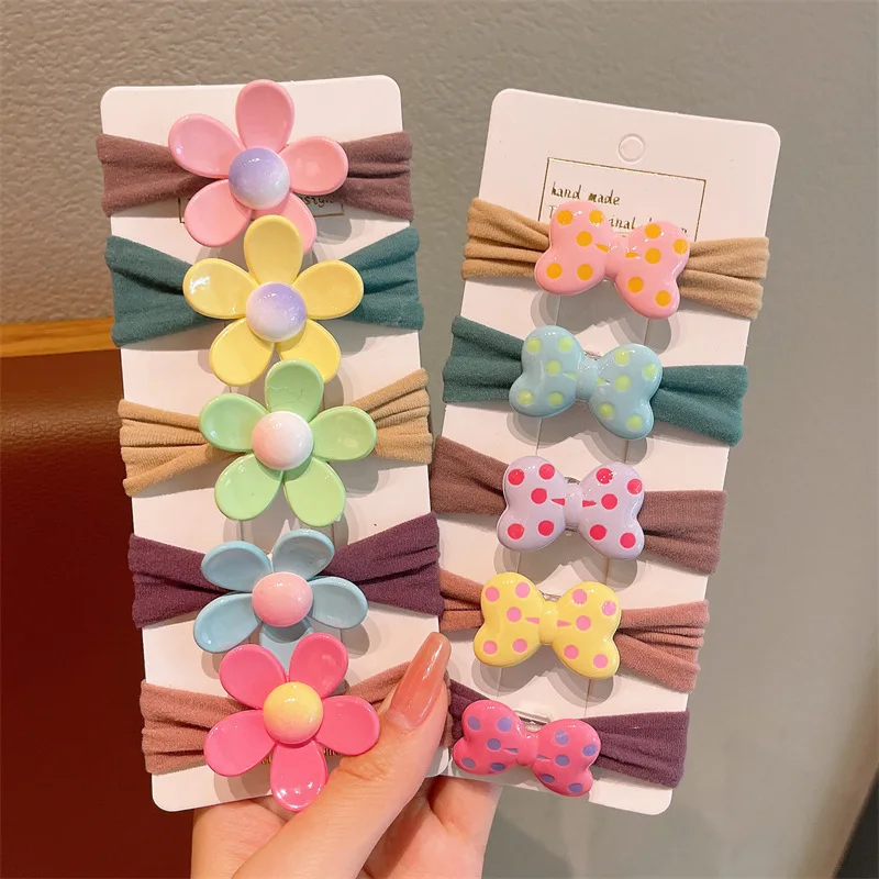 10Pcs Girls High Elasticity Wide Hair Rope Dots Hair Bows Stars Panda Hair Ties Bands Kids Ponytail Holder Headdress