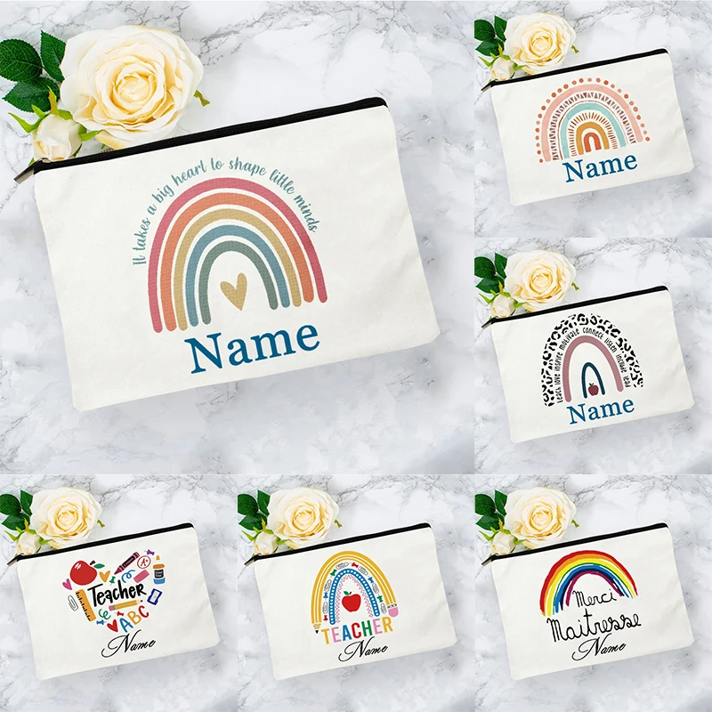 

White Personalized Name Bag woman rainbow print Makeup Bag Storage Pouch Toiletries storage Cosmetic Pocket Gift for teachers