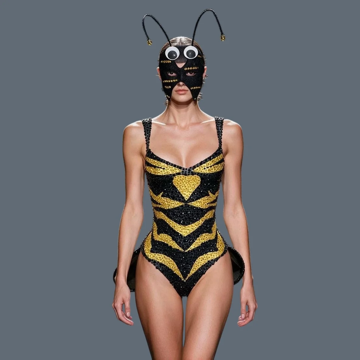 Sexy Women Costume Party Bee Sparkly Rhinestone Bodysuit Set With Mask Night Club Dance Show Drag Queen Performer Wear Fengwang