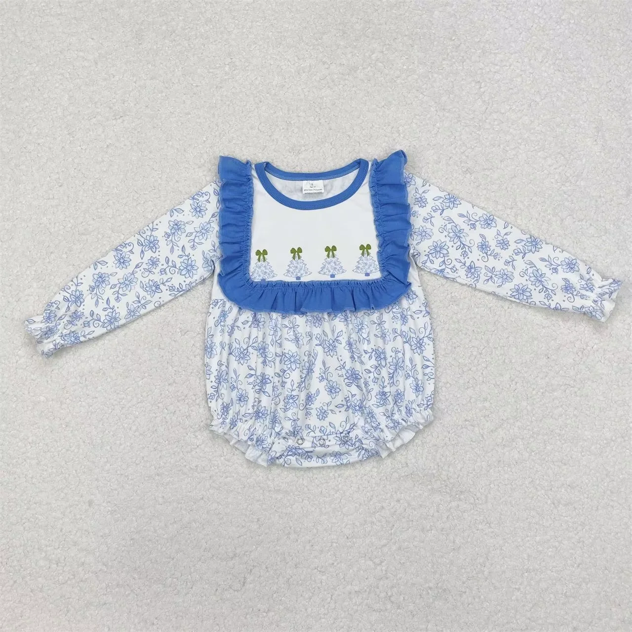 

Wholesale Infant Christmas Ruffle Kids Children Long Sleeves Blue Floral Tree Baby Girl Jumpsuit Newborn Toddler Bubble Romper