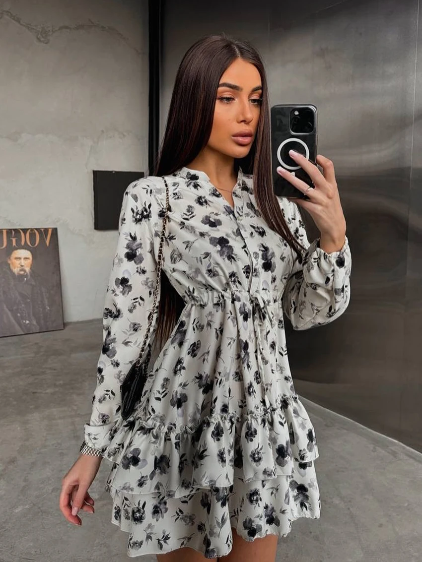 

Женская ночная рубашка Marthaqiqi с принтом, на шнуровке, с длинными рукавами, сексуальная ночная рубашка с V-образным вырезом, мини-платье, повседневная женская одежда для сна