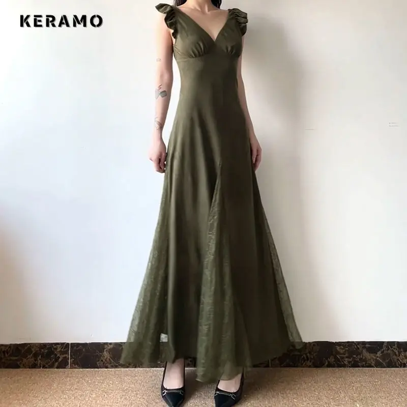 2024 estate Vintage manica volante scollo a v tinta unita abiti lunghi medi abito in pizzo a vita alta Patchwork in Chiffon causale da donna