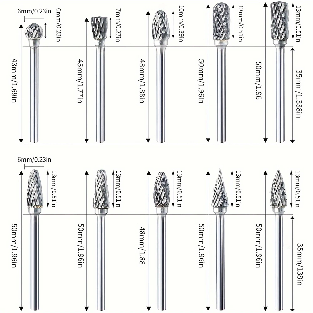 Imagem -03 - Tungsten Steel Carbide Milling Cutter Grupo Shank Rotary Tool Burr Double Diamond Cut Ferramentas Dremel Moagem Elétrica 10 Pcs