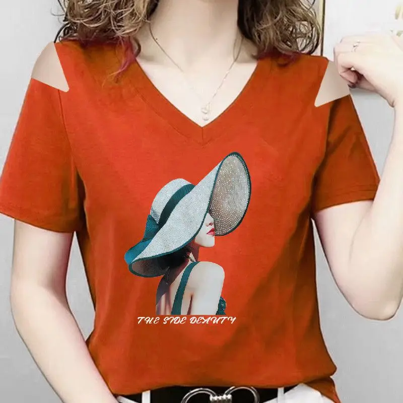 

Fashion V-Neck Short Sleeve Printed Off Shoulder Blouses Women's Clothing 2024 Summer New Loose Casual Tops Commuter Shirts