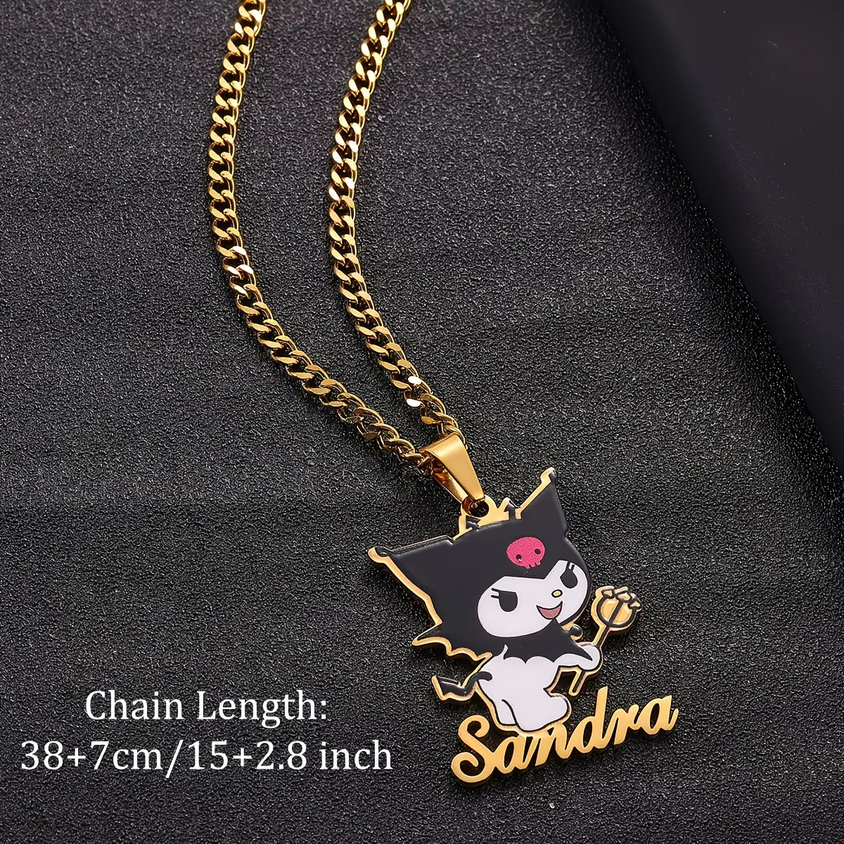 Custom Name UV Printing Colors Staff Kuromi Necklace Personalized Sanrio Pendant Stainless Steel Cuban Chain Jewelry Girl Gifts view 5