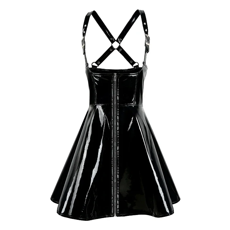 

New High Quality Sexy Women Black PVC Zipper Latex Leather Wet Look Bodycon Dress Sexy Clubwear Pole Dance Costume