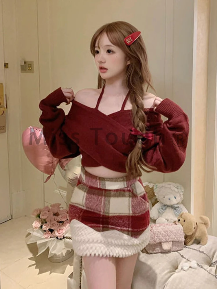 Christmas Sweet knitted Two Piece Set Women Off Shoulder Sexy Plaid Skirt Suit Famale Korean Fashion Casual Chic Set 2024 Winter