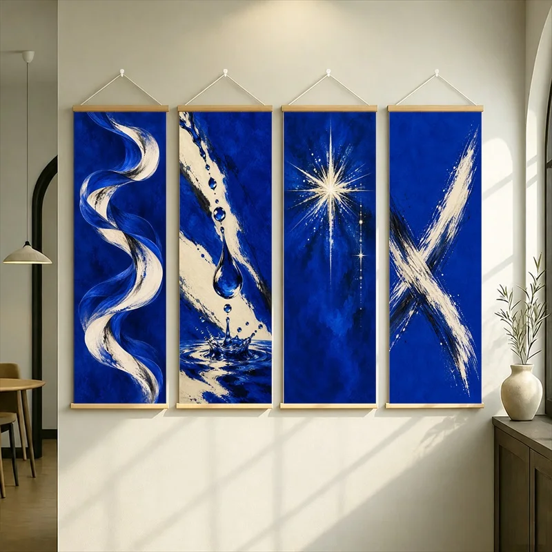 Flowing Ribbons Splash Starburst and Feather Hanging Scroll with White Abstract Motifs on Deep Blue for a Living Room