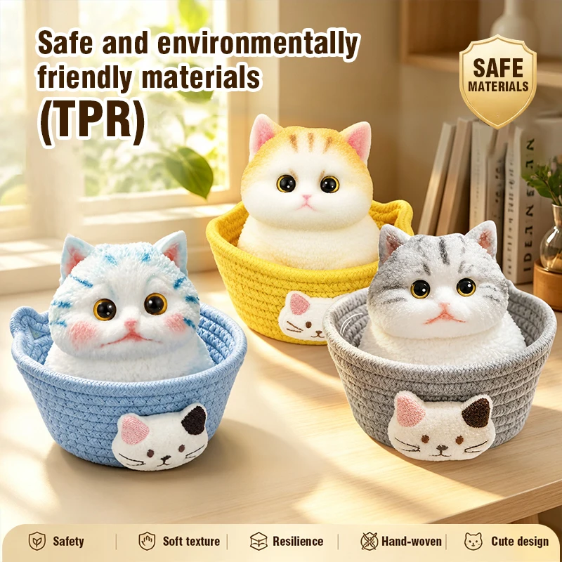 Cute Cats Stress Relief Toy Simulation Cat with Mini Knitted Basket Tabletop Home Decoration Adults Christmas Birthday Gifts