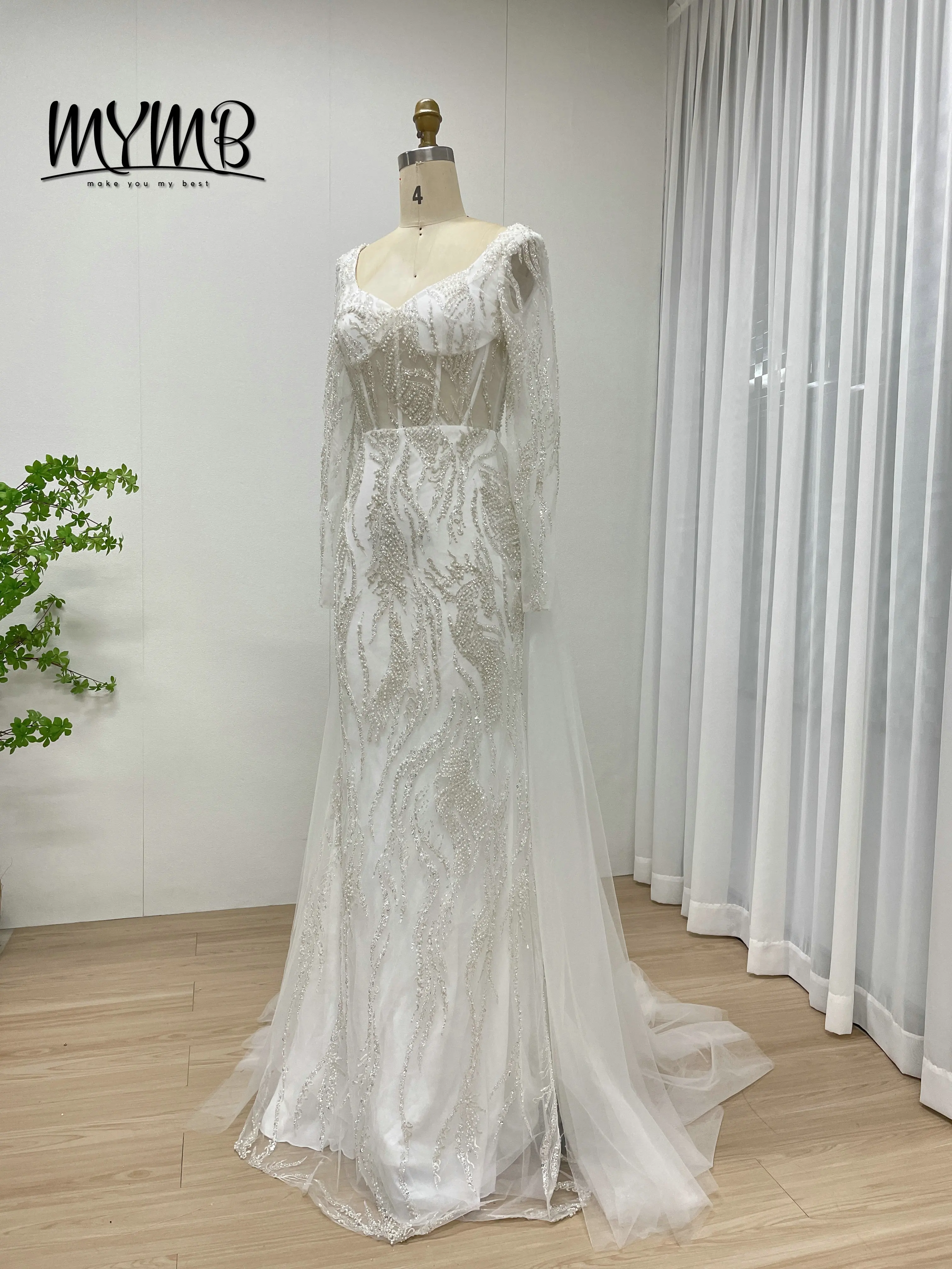 MYMB Luxury Mermaid White Evening Dresses Sparking Sequined Beaded Wedding Party Evening Dress for a Guest Evening MY20004-2