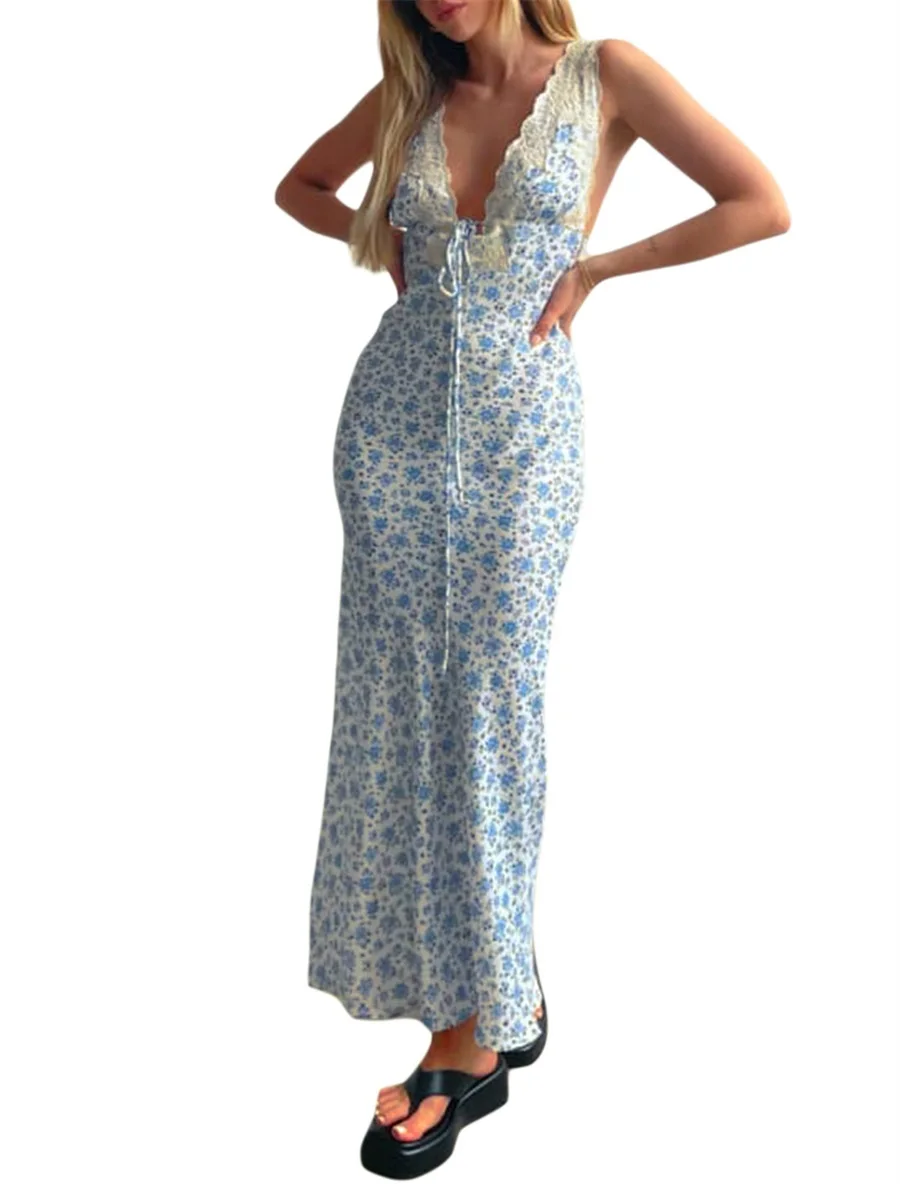 

Women Summer Y2K Lace Trim Tank Dress V Neck Low Cut Floral Print Bodycon Maxi Dress Front Tie Up Backless Long Split Dress