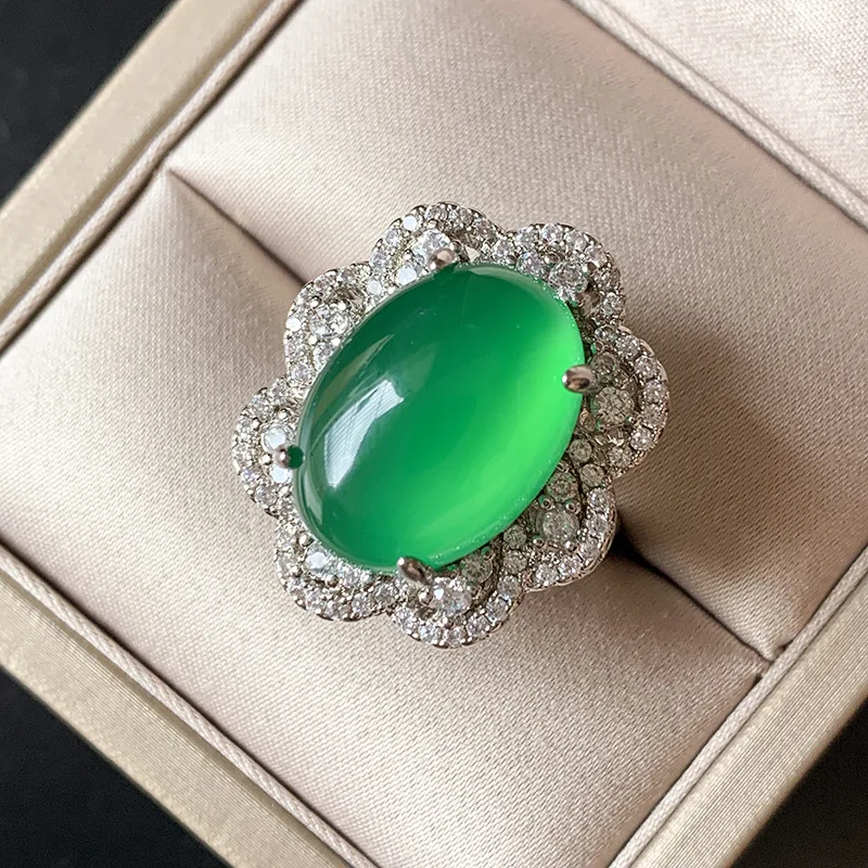Jewelry Gold-Plated Internet Celebrity Hot Sale Retro Oval Green Chalcedony Plain Full Diamond Inlaid Set Main Stone