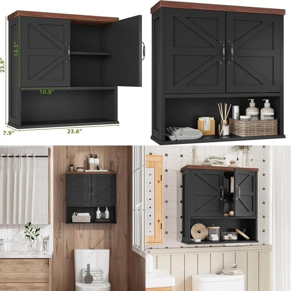 

Farmhouse Style Wall-Mounted Storage Cabinet with Barn Doors, Adjustable Shelf, 23.6 x 7.9 x 23.9