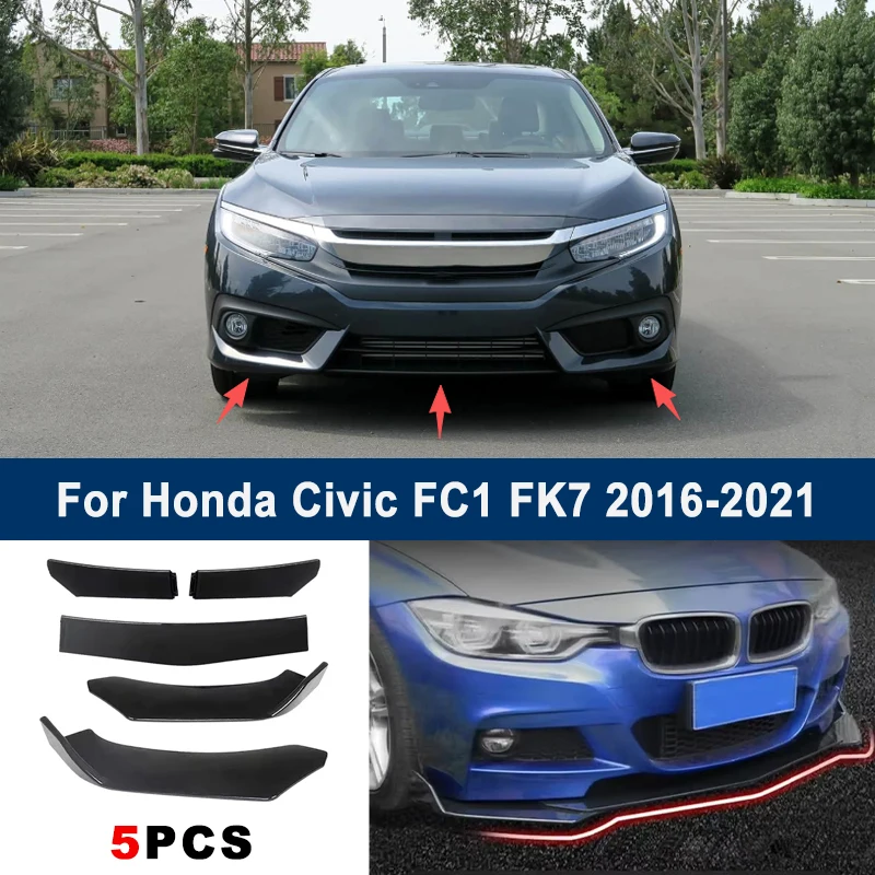 

Adjustable 5Pcs Sectional Front Spoiler Lip For Honda Civic FC1 FK7 2016-2021 Front Bumper Splitter Car Exterior Sport Body Kit