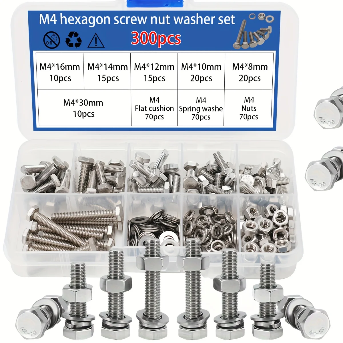 300 Stück/M4 Edelstahl-Sechskantschrauben, Schrauben, Muttern, flache Unterlegscheiben, Federscheiben, Sechskantschrauben, Sechskantmuttern, Muttern, Maschinenschrauben