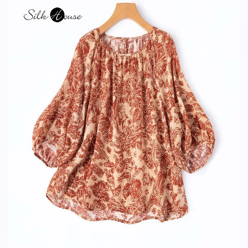Dogwood Sunflower Skin Friendly 100% Natural Mulberry Silk Crepe De Chine Round Neck Lantern Sleeve Loose Vacation Style T-shirt