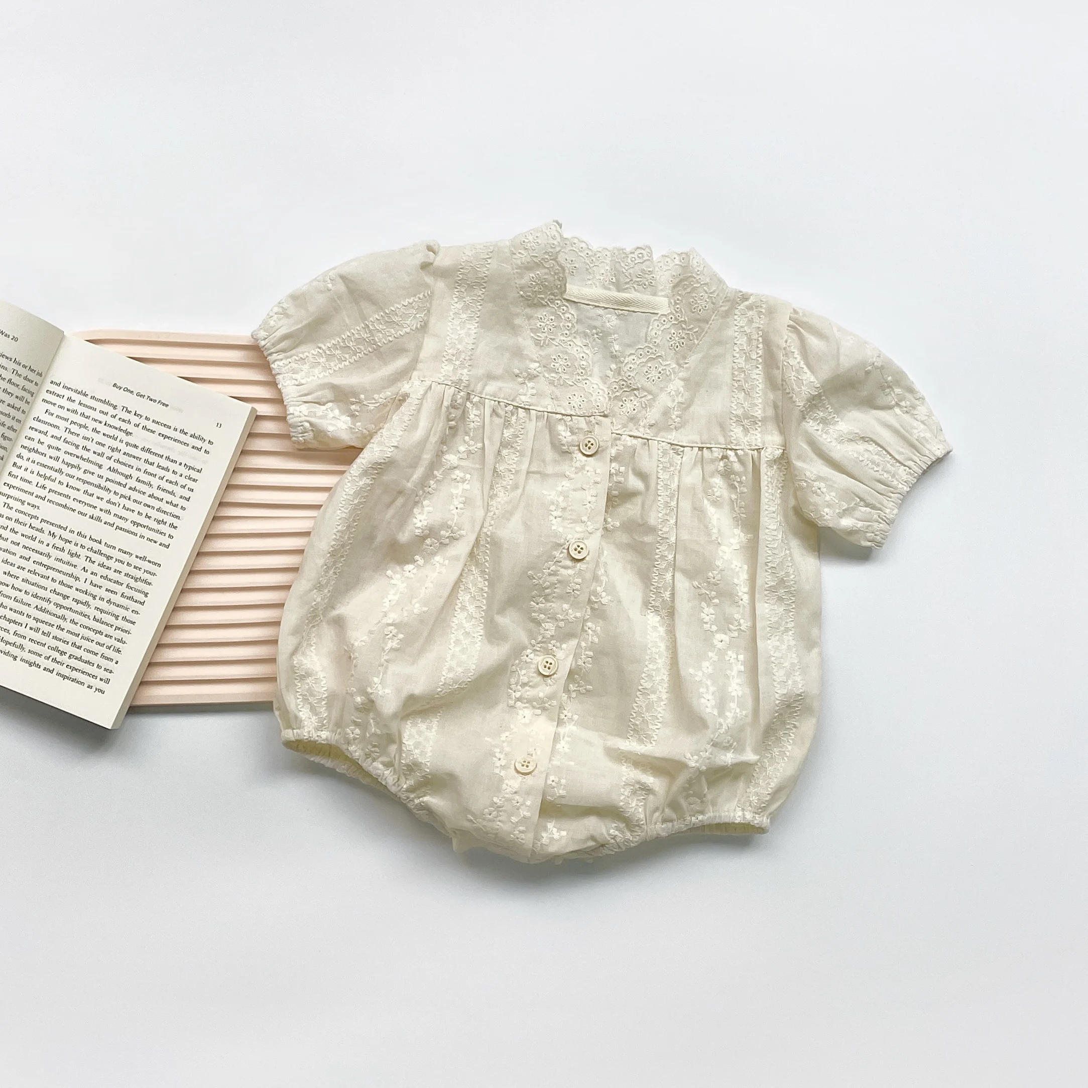FLM Summer Baby Romper  Short Sleeves  Princess  Lace Collar Solid Color Baby Bodysuit  Thin 0-2 Years Old