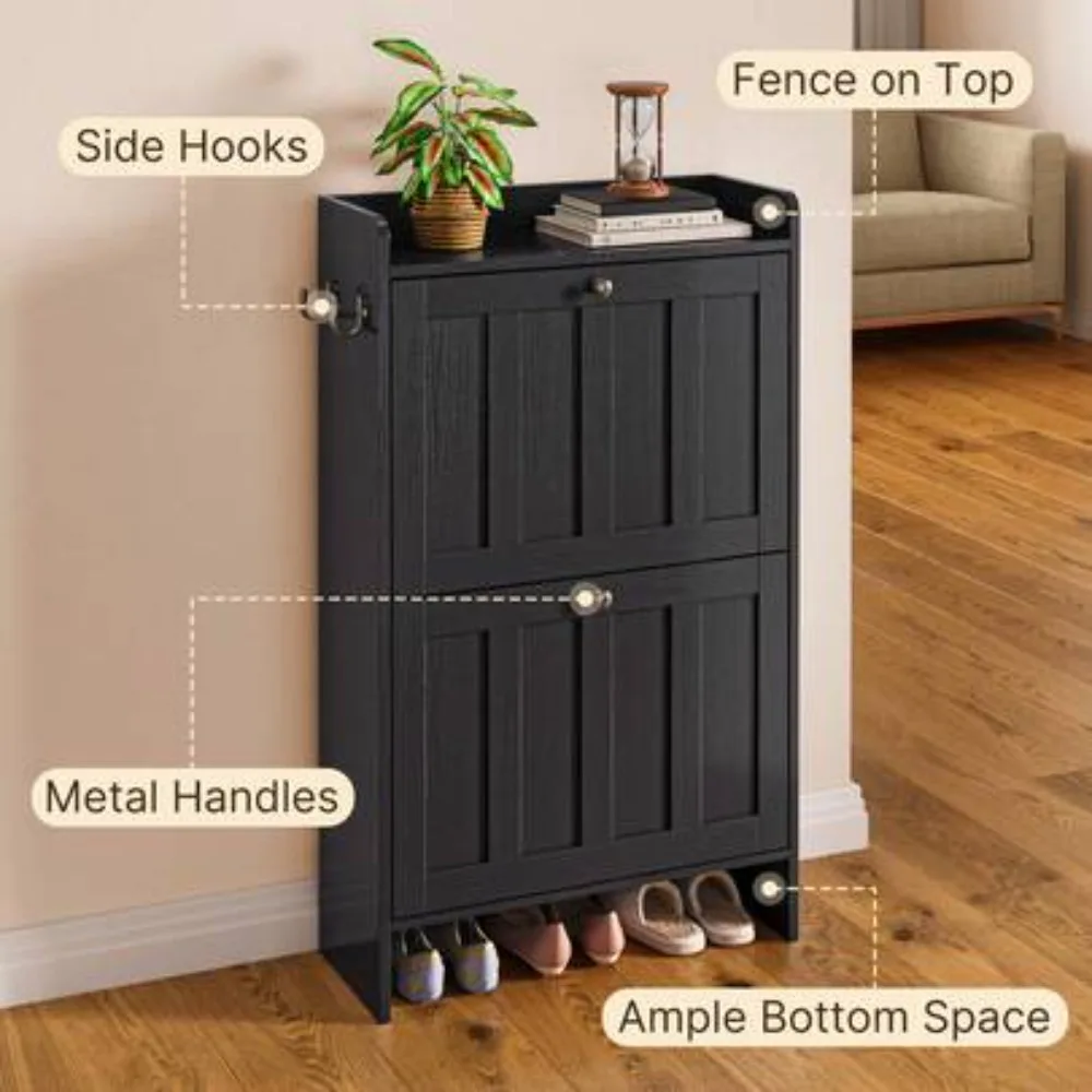 Shoe Cabinet With 2 Flip Drawers, Shoe Organizer Storage For Entryway, Freestanding Narrow Rack Cabinet With Space-Saving Design, For Hallway Closet Bedroom, Black view 6