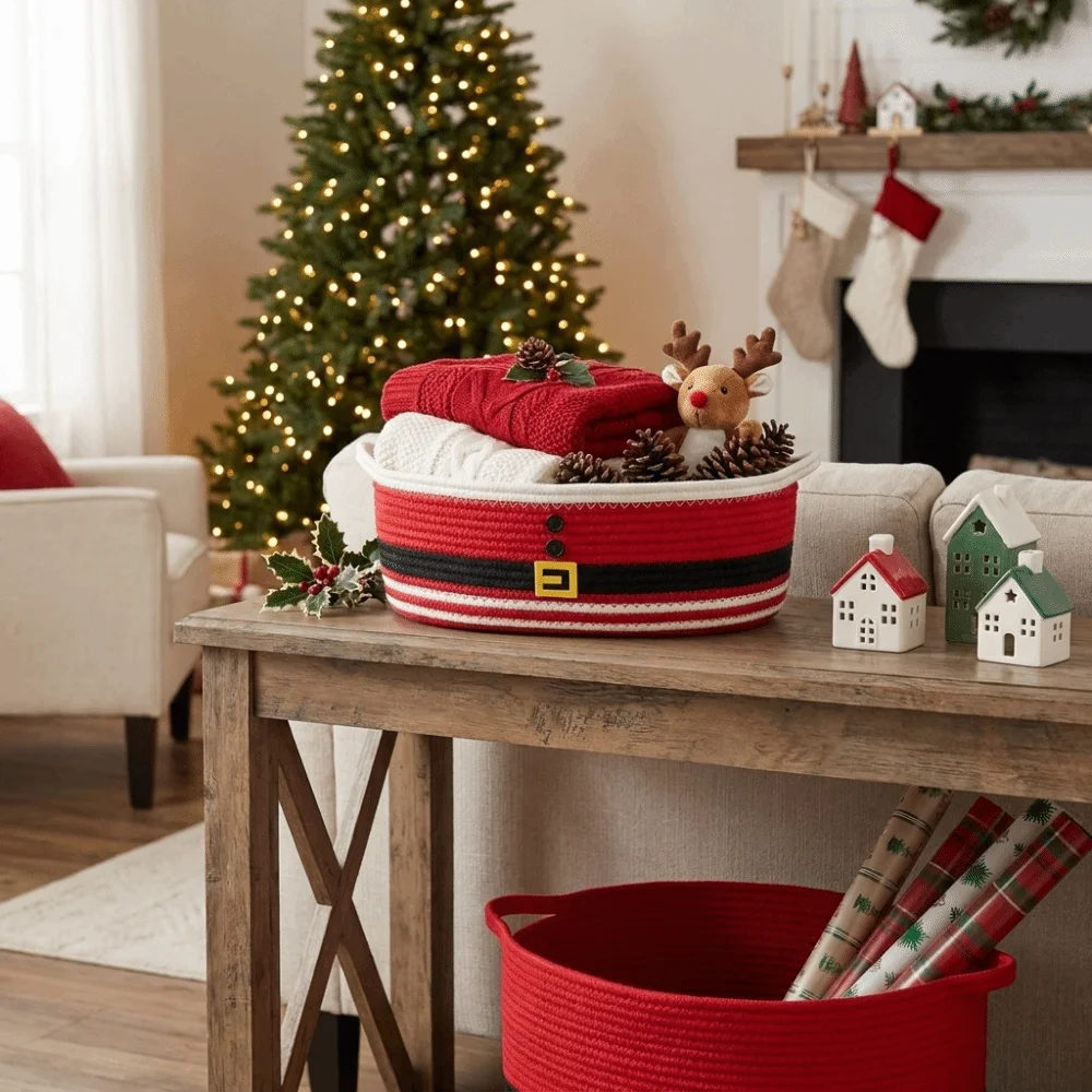 Cotton Rope Christmas Woven Storage Basket Ribbon Trim Braided Snack Storage Basket Santa Claus Cotton Rope Basket