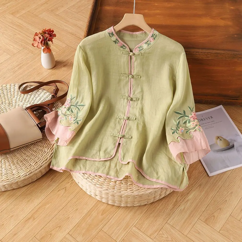 Women's Summer New Cotton Linen Shirt, Retro Ethnic Heavy Embroidery, Frog Button Color Block Seven-Point Sleeve Loose Top
