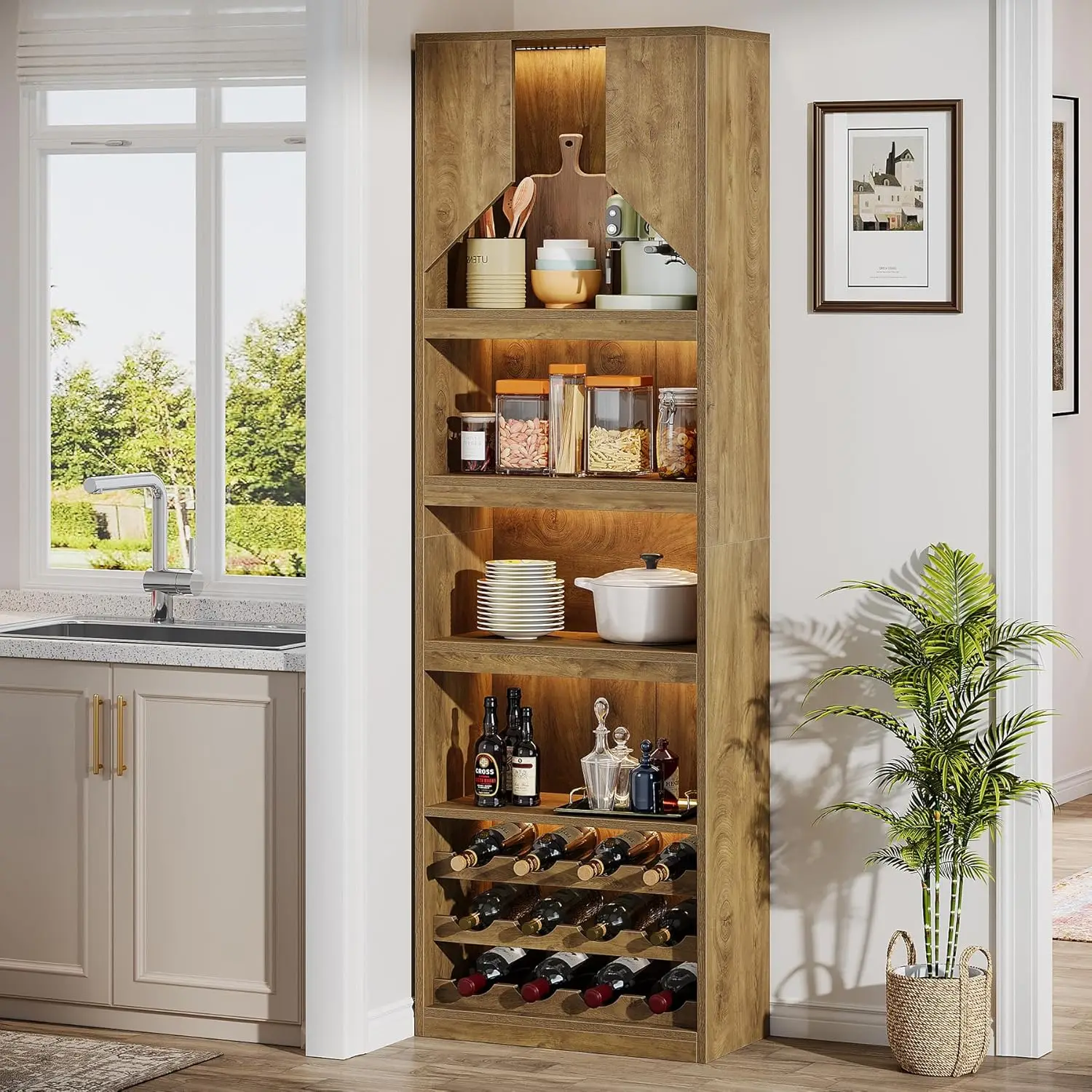 

86.6" Tall Wine Bar Cabinet with LED Strip Light Wine Racks Open Shelves Kitchen Dining Living Room, Customized