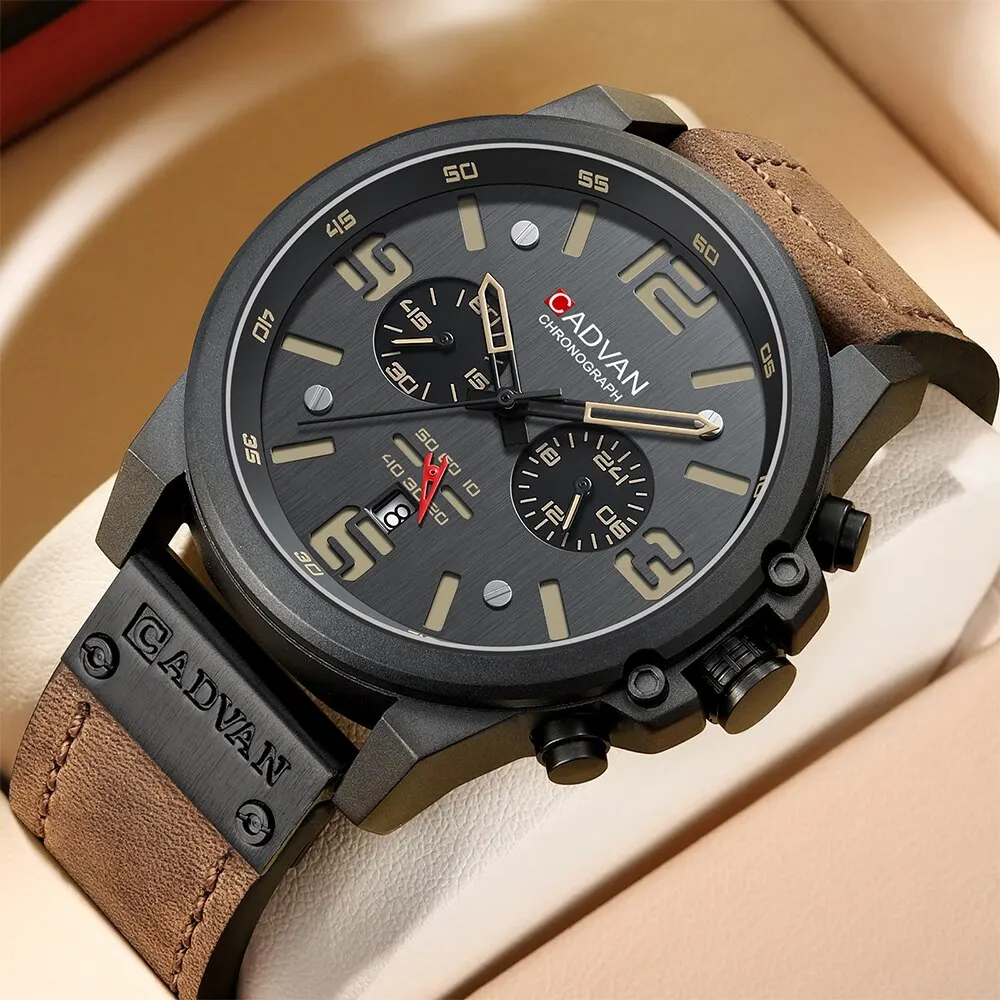 Cadvan herren uhren top luxus marke wasserdichte sport armbanduhr chronograph quarz militär echt leder armbanduhr