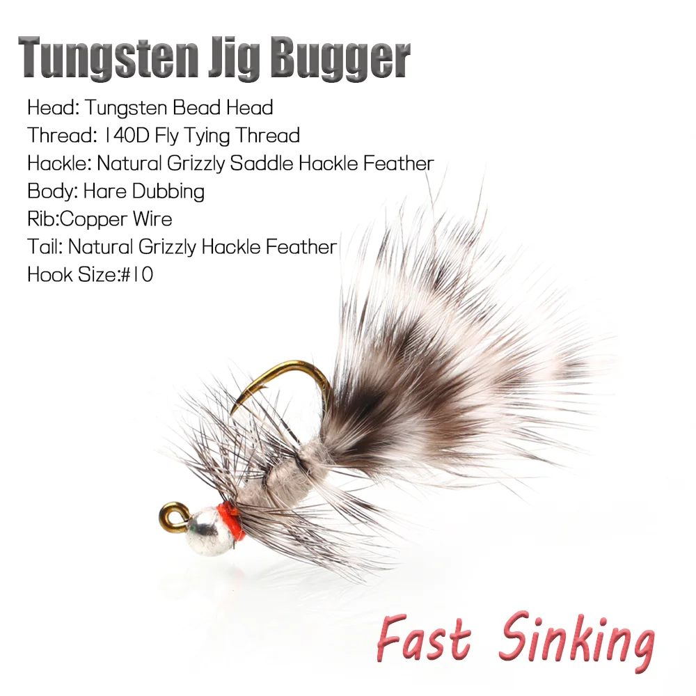 Wifreo 2pcs/4pcs Tungsten Jig Bugger Tan Wet Nymph Grizzly Saddle Hackle Jig Lure Woolly Bugger Streamer Trout Fishing Lure Bait