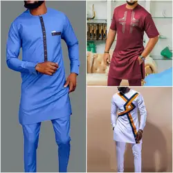 Fatos de casamento africanos para homens, cor sólida, camisas e calças simples, roupa casual, moda casamento, conjuntos 2pcs