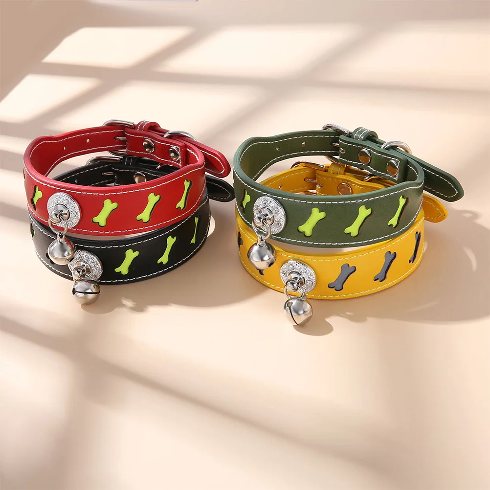 

1Pcs PU Pet Collar Bell Decor Adjustable Dog Necklace Bone Design Reflective Strap Comfortable Fit for Most Sizes Black