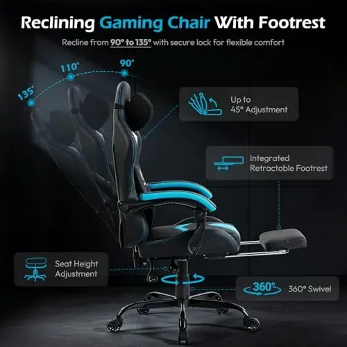 Ergonomic Gaming Chair for Adults, Black Blue | Comfy Video Game Chair with Footrest, Gamer Chair with Headrest and view 5