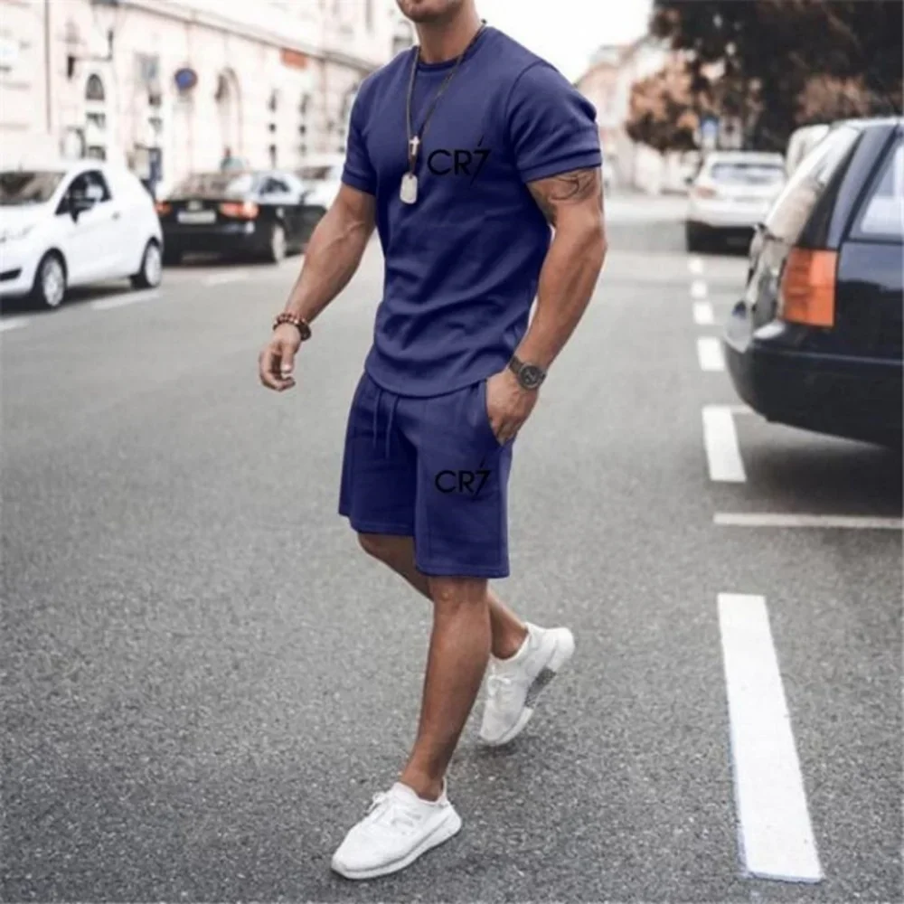 

Men's Clothing Summer Suit CR7 Sports Suit Comfortable Breathable Mesh Running Sets Jogging Fitness Tracksuit T-shirt casual set