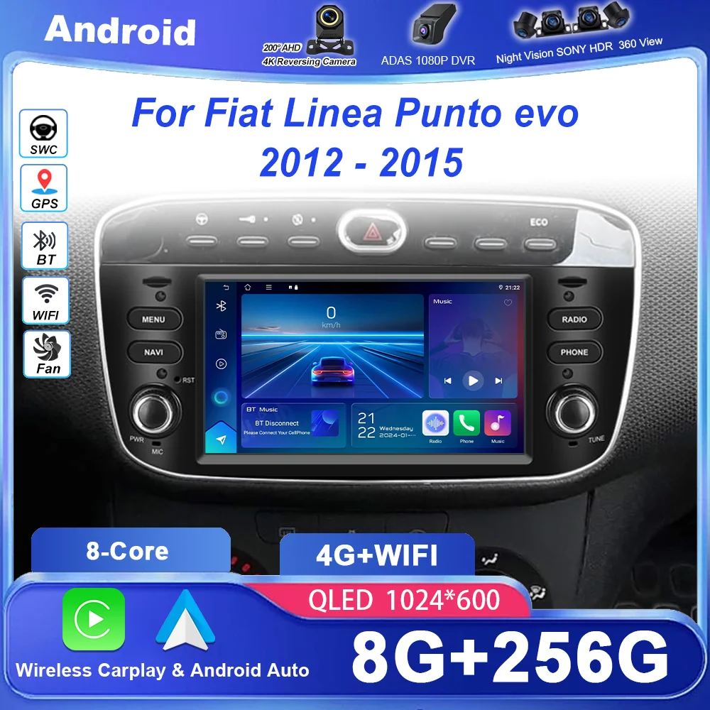 7'' Android 15 Autoradio For Fiat Linea Punto evo 2012-2015 GPS WIFI Carplay Auto 4G Radio Stereo Multimedia Player Bluetooth