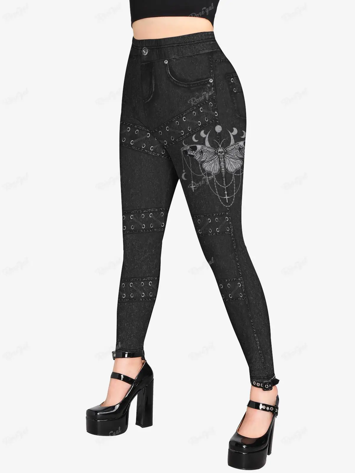 ROSEGAL Plus Size Gothic Leggings 3D Butterfly Jean Lace-up Printed Trousers S-5XL Women Streetwear Tight Pants Mujer