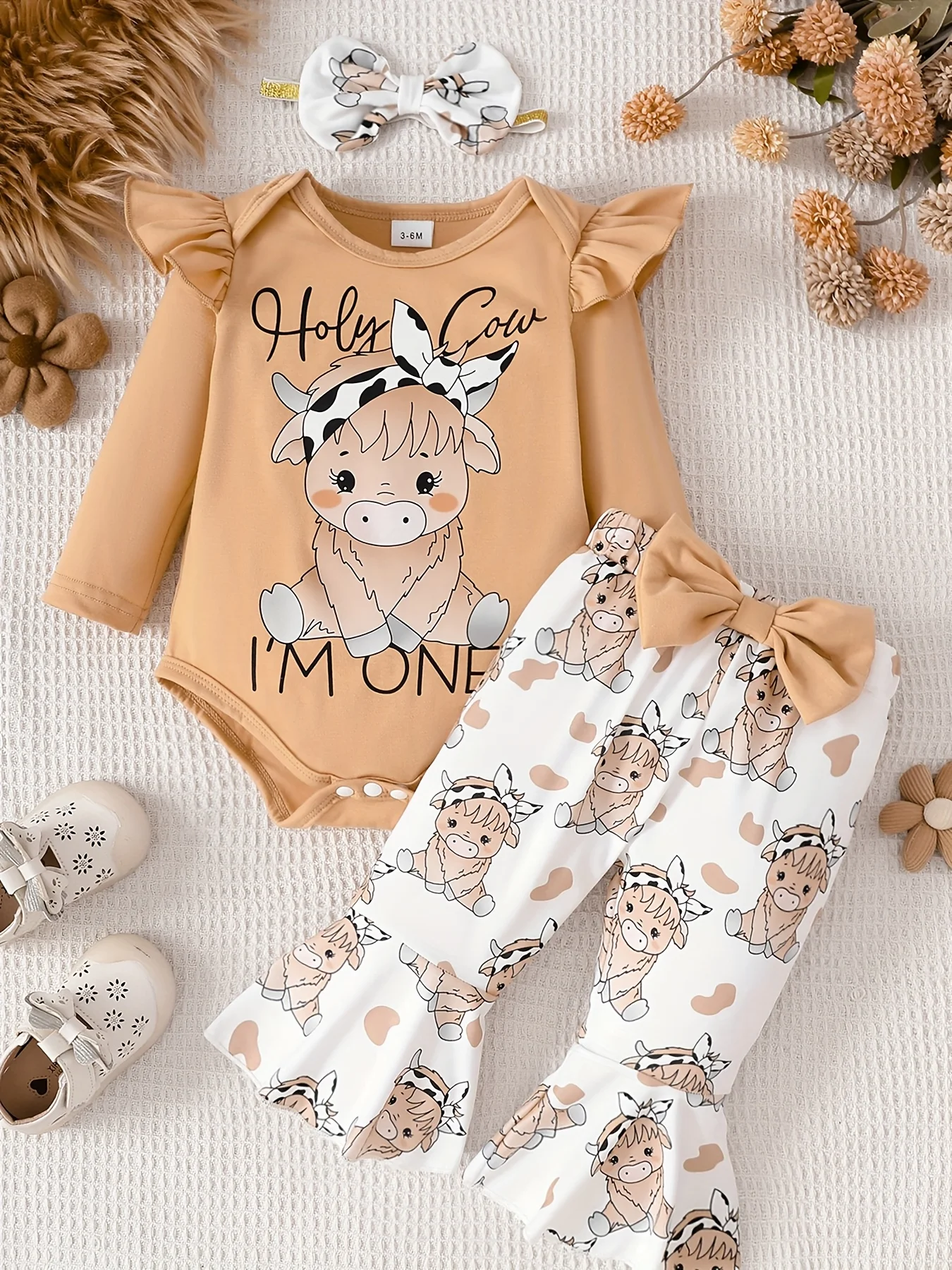 Khaki Denim Tribal Print Romper + Bell-Bottom Pants + Bow Headband 3-Piece Set for First Birthday Party Western-Themed Cute Baby Outfit
