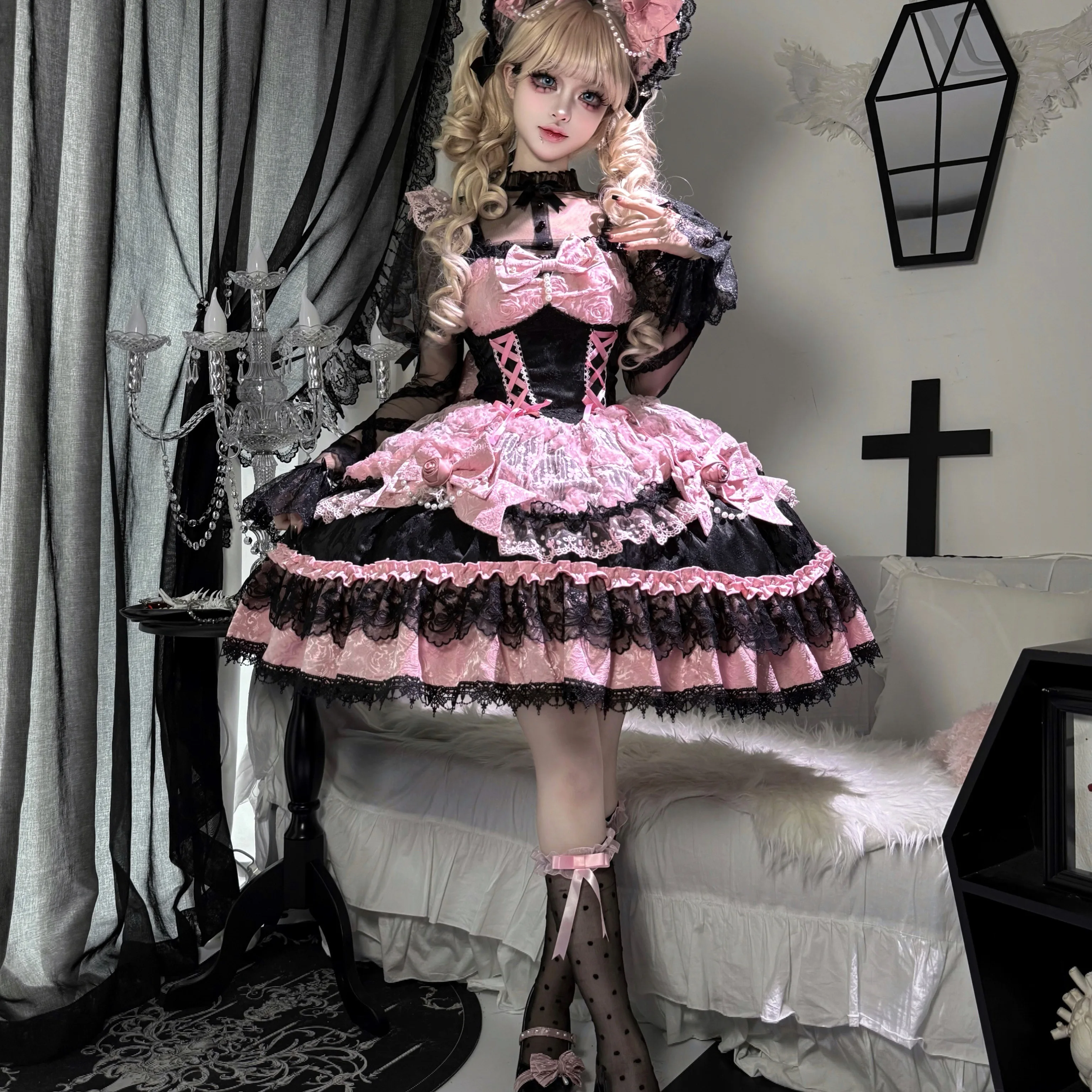 Nonsar doce gótico lolita jsk vestido feminino estilo boneca vintage arco renda em camadas sem mangas vestidos de festa ~ quando o verão vem