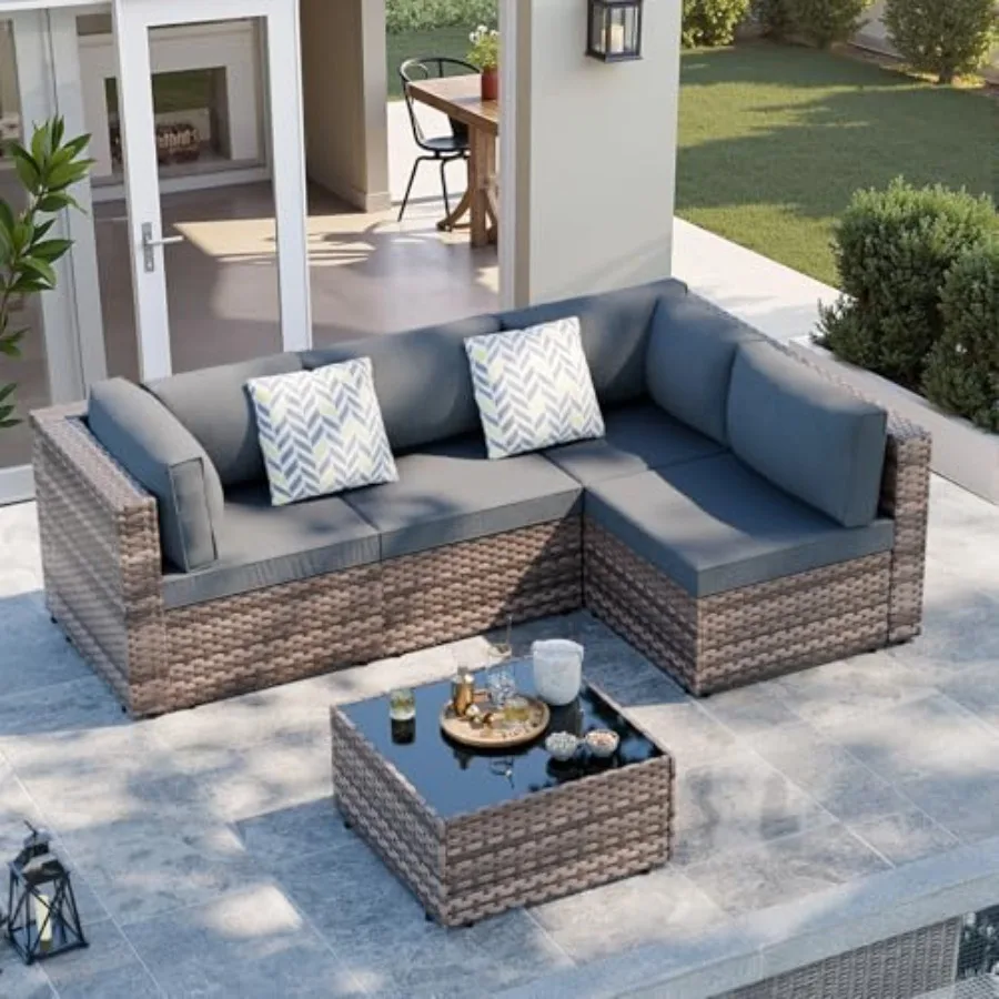 5 Piece Patio Furniture Sets, Low Back All-Weather Rattan Sectional Sofa with Tea TableandWashable Couch Cushions, Patio Furnit