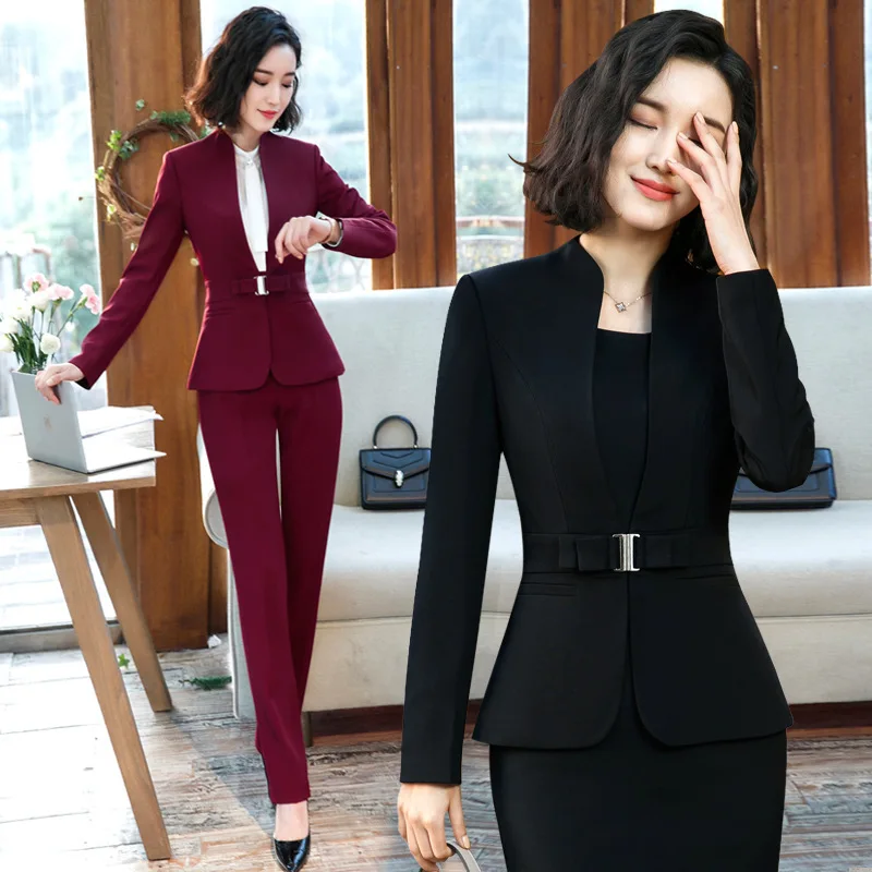 

1806 Long Sleeve Bowknot Decorative Solid Color Boutique Stand Collar Women's Business Wear Work Uniforms plus Size Tailored Sui