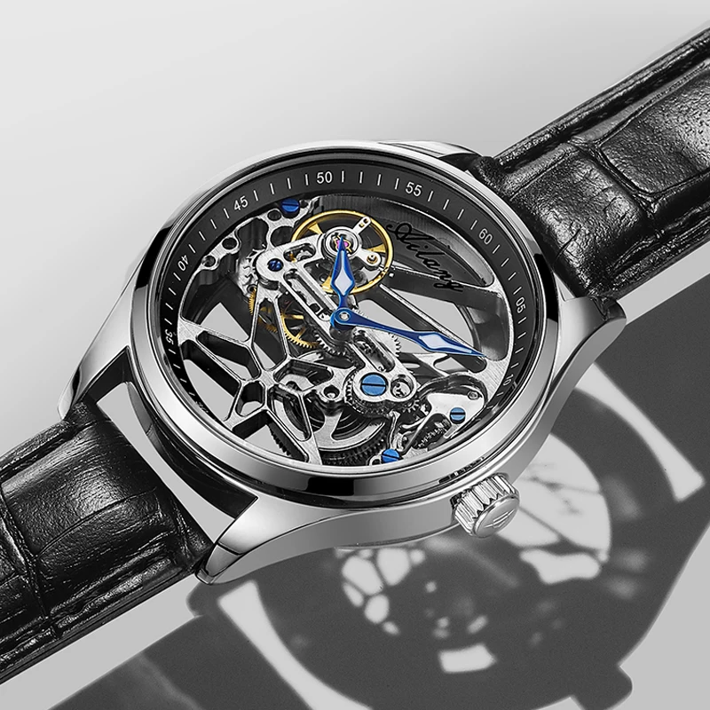 Ailang novo esqueleto movimento automático relógio para homens mecânico de luxo preto aço relógios masculino horloge tourbillon 2023