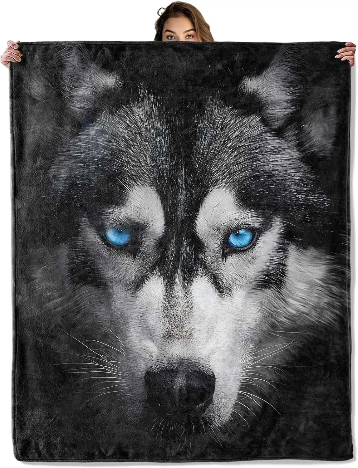 Realistic Wolf Portrait Blanket Flannel Throw Cozy Winter Fleece Decor Gift Husky Animal Wildlife Art for Couch Home