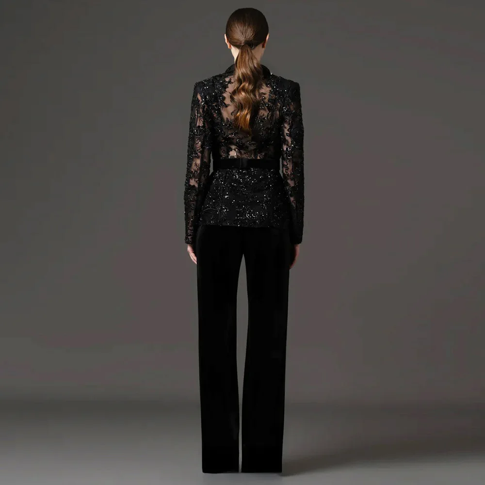 HIGH STREET 2026 Newest Designer Fashion Runway Suit Set Women's Gauze Embroidery Beaded Jacket Pants Set 2pcs