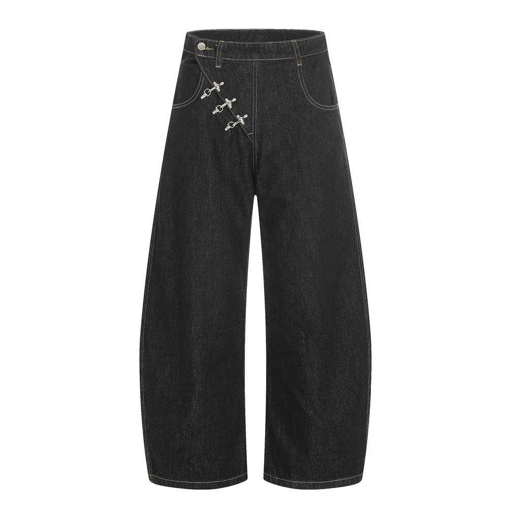 MWJLPWQ Single Button Diagonal Metal Buckle Decor Wide Jeans Denim Contrast Stitch Curved Baggy Leg Unisex Casual Trousers 14643