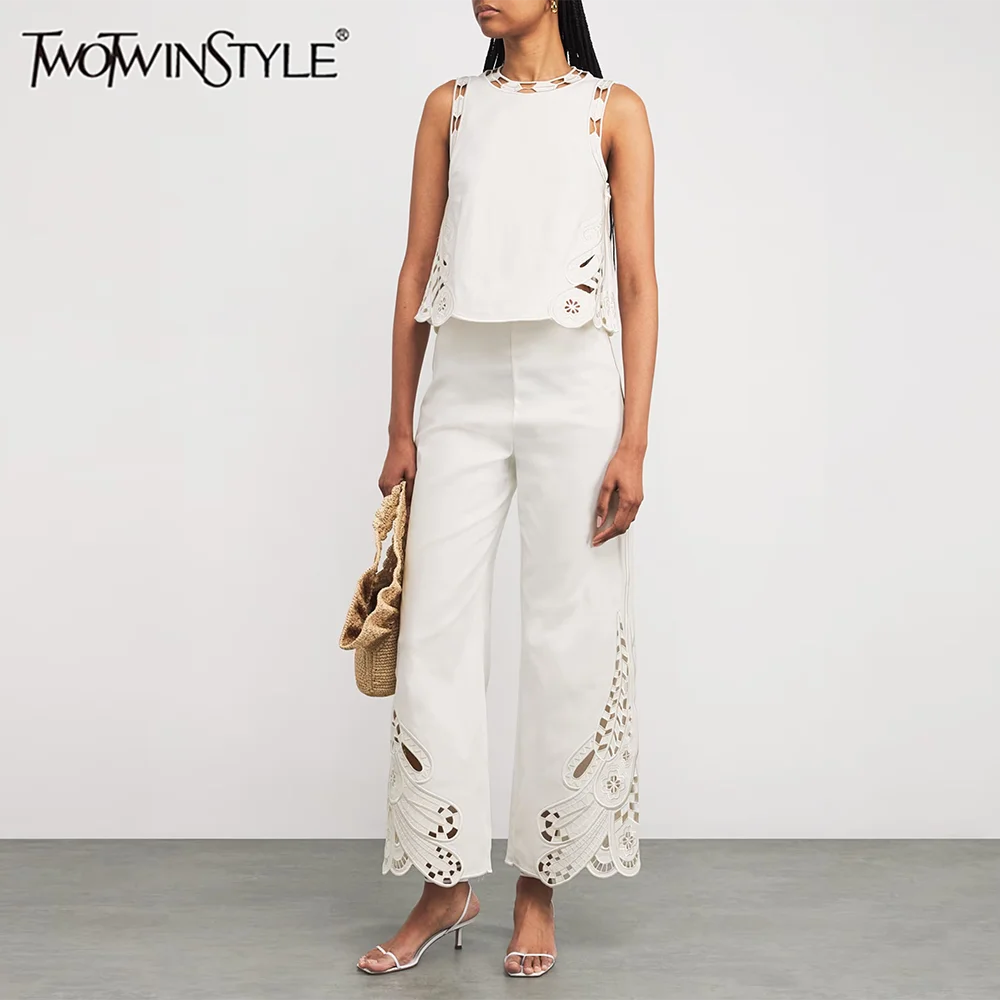 

TWOTWINSTYLE Solid Hollow Out Two Piece Sets for Women Round Neck Sleeveless Top High Waist Wide Leg Pant Fashion Set Female New