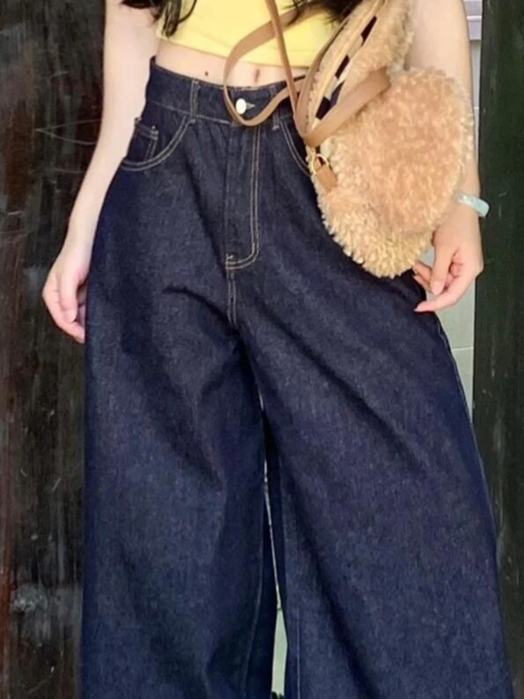 Solid Color High Waist Classic Full Length Female Wide Leg Pants American Vintage Washed Fashion Casual Loose Simple Women Jeans